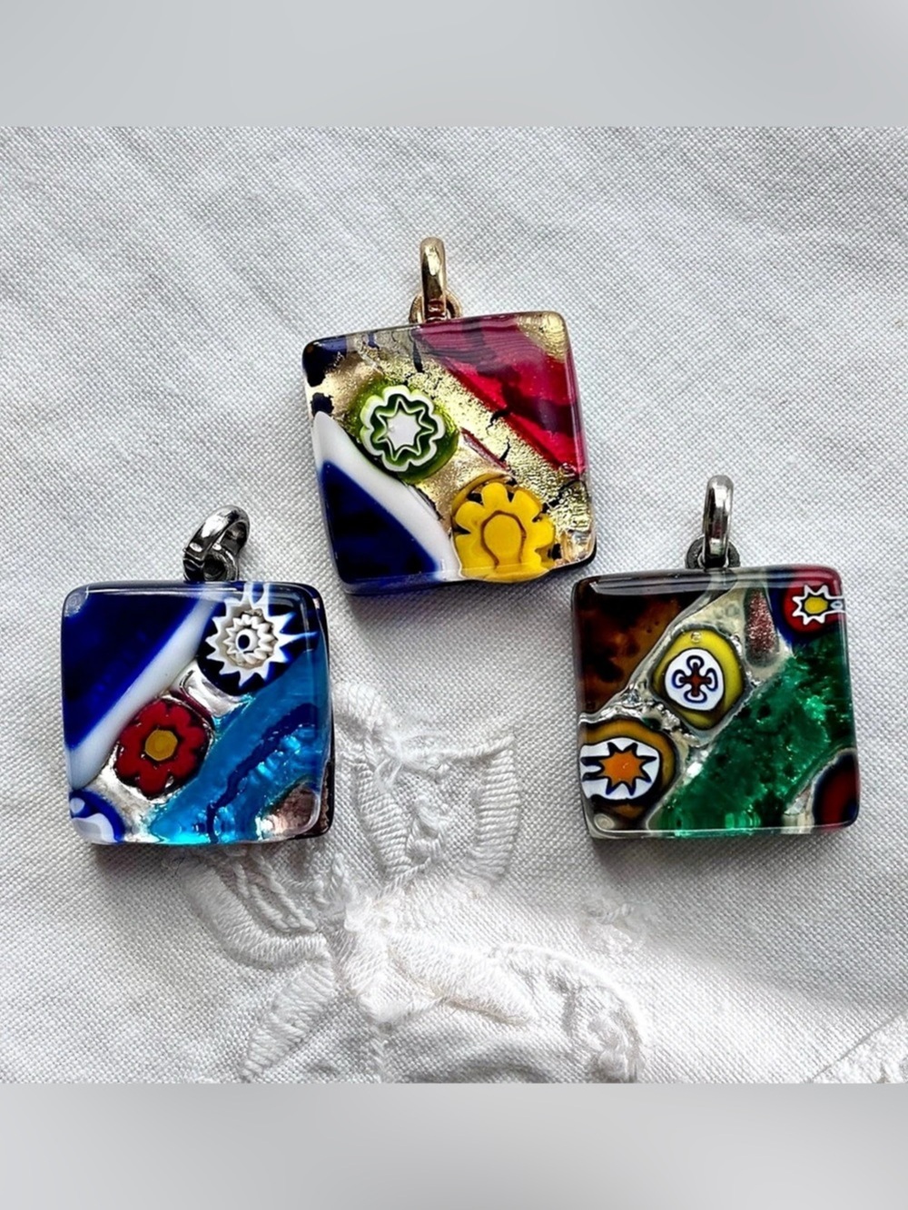 Vintage Murano Glass Millefiori Square Set of 3 Pendants, Handcrafted Venetian A